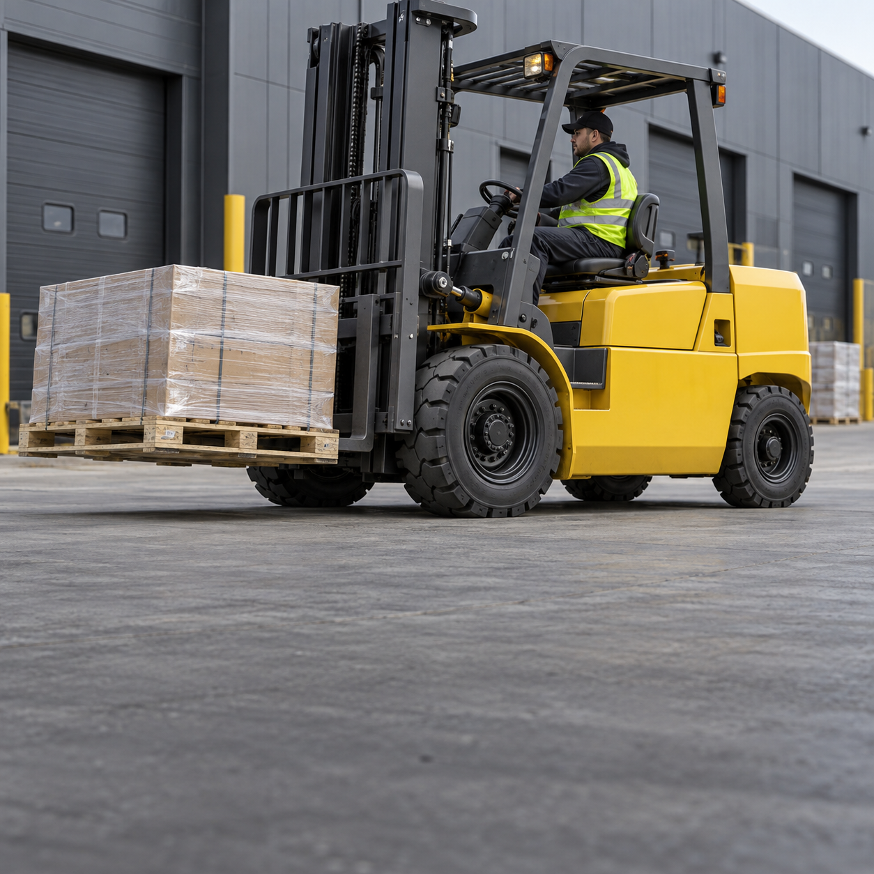 Industrial forklift handling a pallet