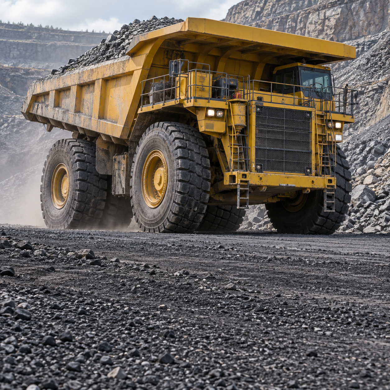 Mining haul truck with visible OTR tires