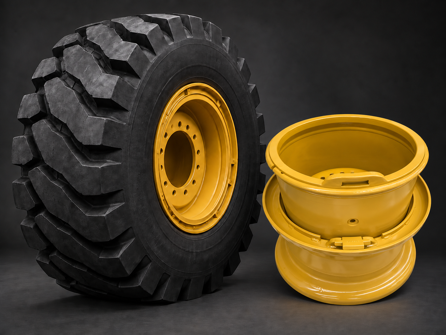 OTR tire and engineering-yellow mining rim with its retaining ring, composited from a supplied product reference